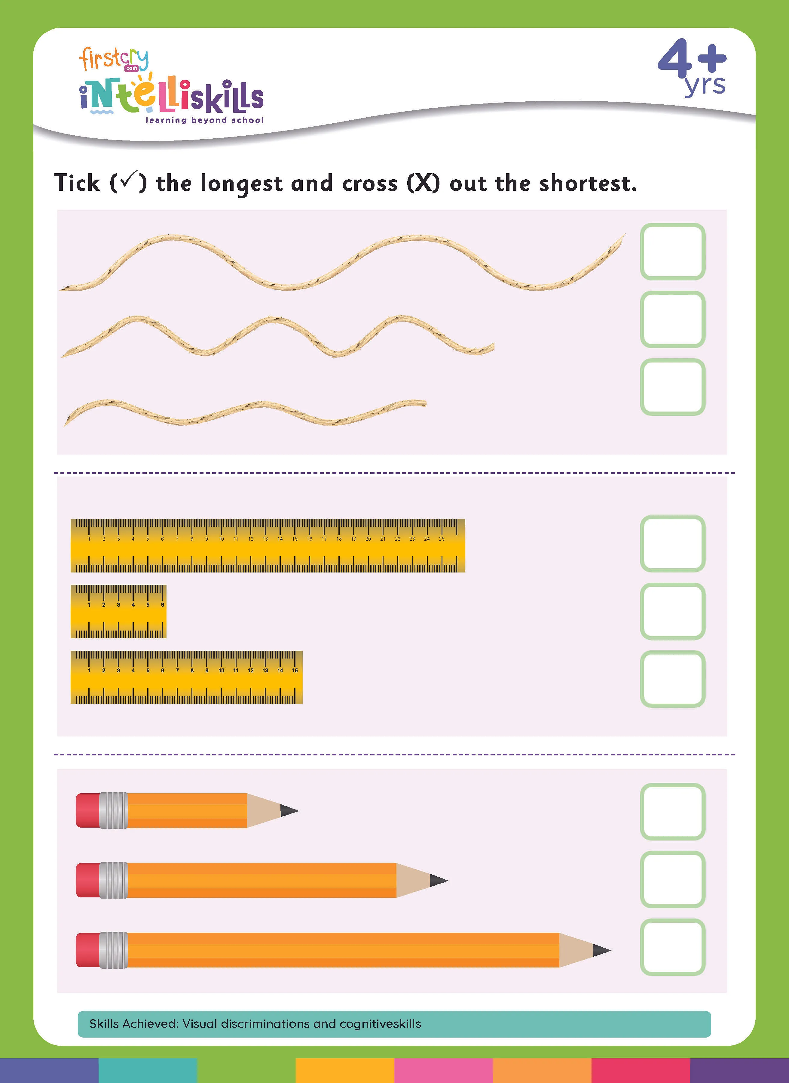 A first grade worksheet showing objects arranged from shortest to longest for children to practice comparing relative length