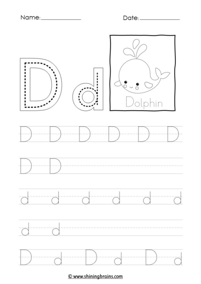 Child tracing dotted lines and the letter D on a Pre-K writing practice worksheet to develop fine motor skills