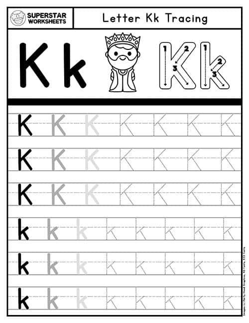 Practice Tracing the Letter K Worksheet Number 23 for Preschoolers Pre-K student worksheet featuring guided lines and the letter K for handwriting practice