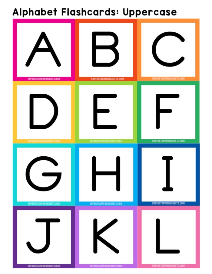 Set of friendly lowercase letter cards a-z designed for Pre-K alphabet learning activities Colorful lowercase alphabet flash cards displaying letters a through z for early learners to practice letter recognition