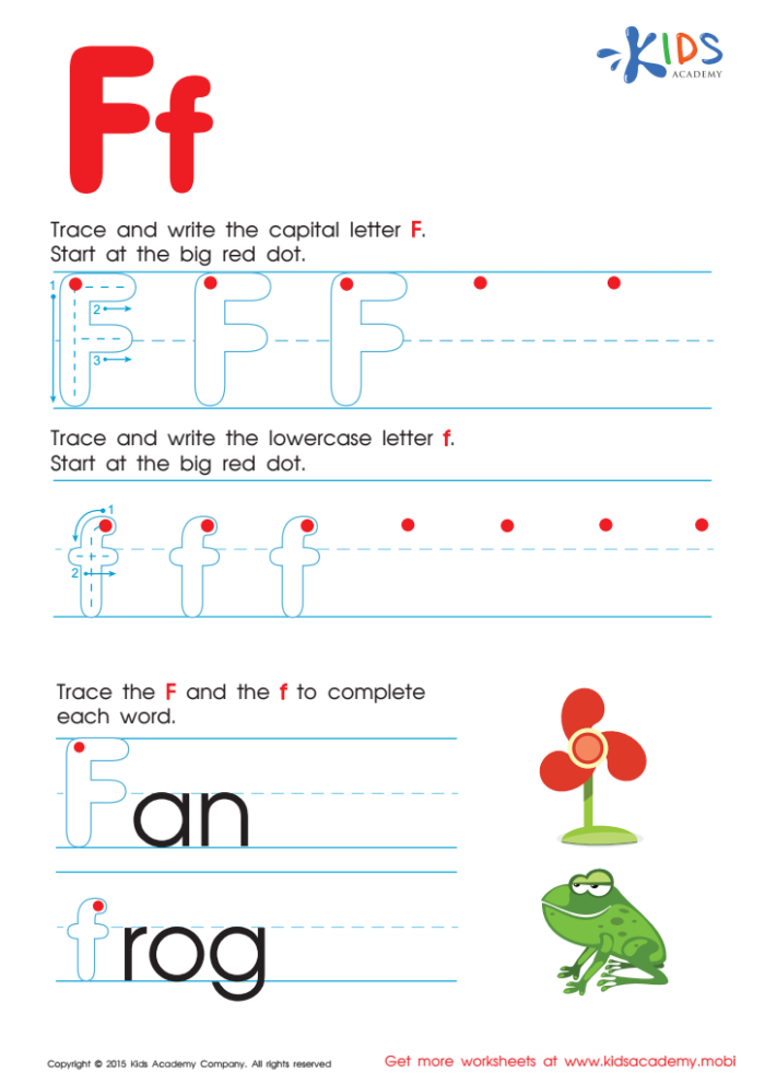 Lowercase f and t handwriting tracing worksheet number nine Pre-K student tracing lowercase letters f and t on a handwriting practice sheet