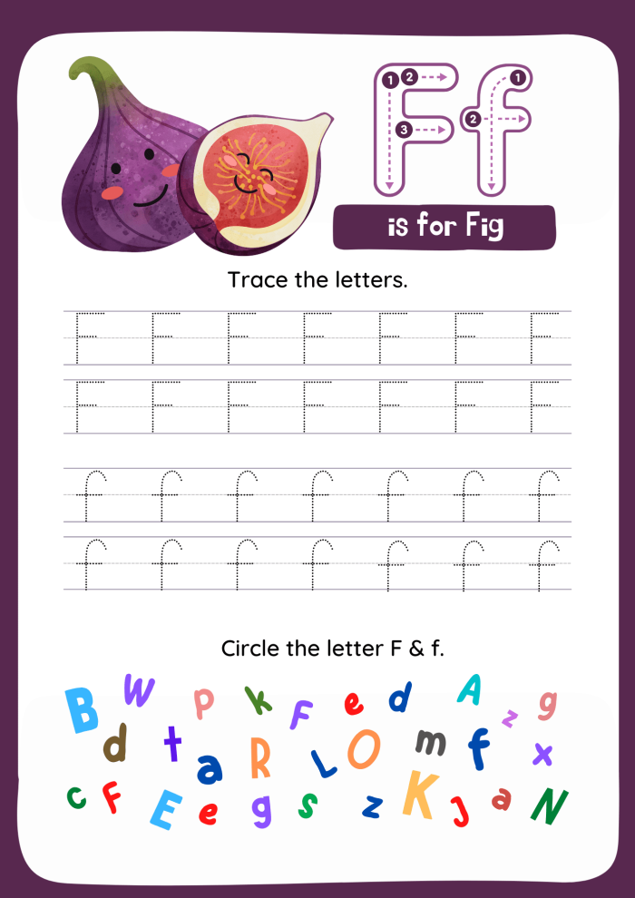 Tracing lowercase letters f and t handwriting practice page 14 Pre-K student worksheet for practicing lowercase letter tracing of f and t