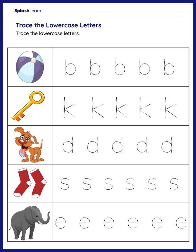 Child tracing lowercase letters b, d, and p on a handwriting practice worksheet with dotted lines and directional arrows