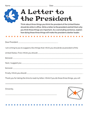 Second grade printable worksheet for writing a friendly letter to the President of the United States