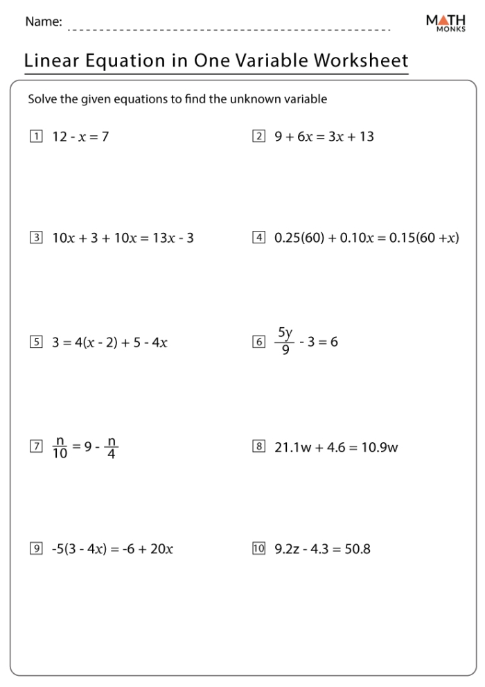 Solutions to Linear Equations Practice Worksheet Tenth Edition Eighth grade algebra worksheet focusing on identifying the number of solutions to linear equations