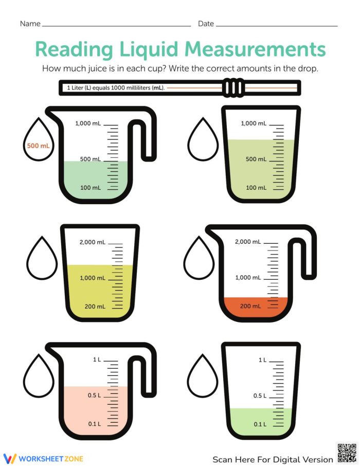 Reading Liquid Measurements Math Worksheet for Third Grade Third grade student practicing reading liquid measurements in liters and milliliters on an algebra worksheet