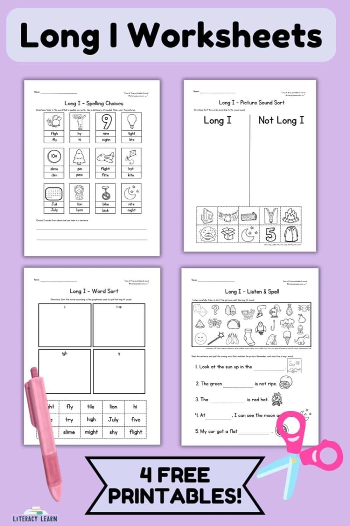 Long i vowel sounds activity sheet 12 for primary students learning phonics and writing skills First grade long i practice worksheet with word bank for completing sentences with long vowel sound words