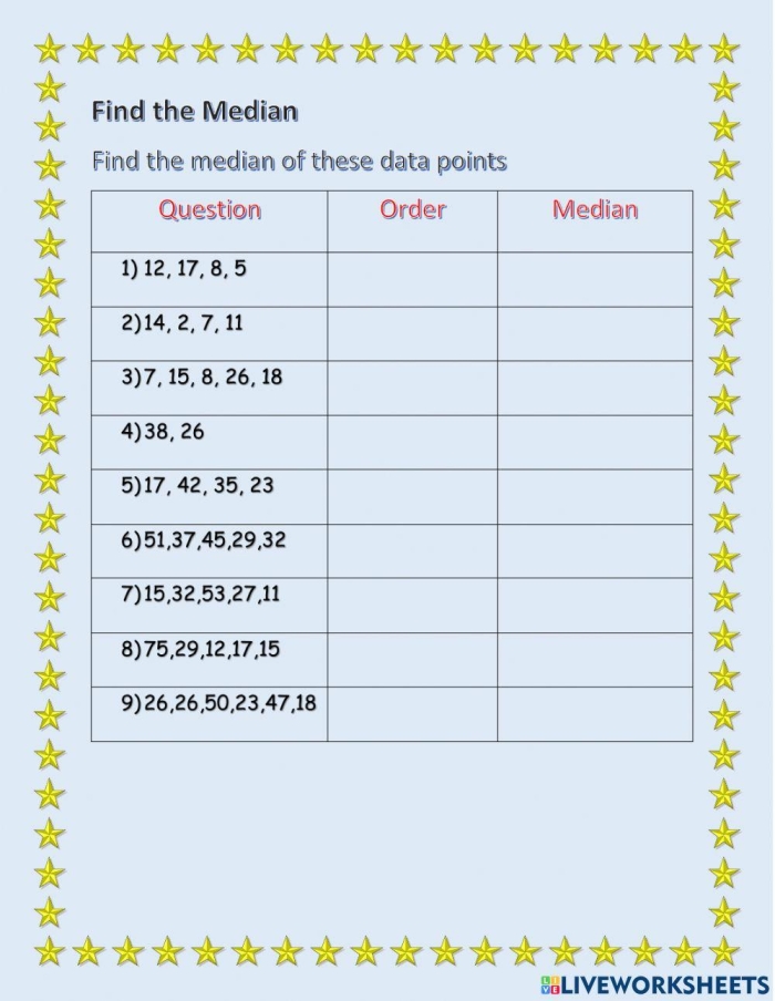 Sixth grade math worksheet for practicing how to calculate the median of a data set