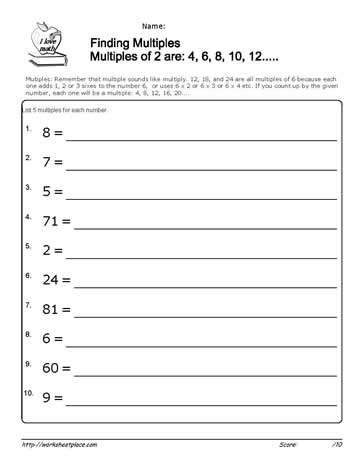Fourth grade math worksheet featuring a variety of exercises to help students identify and find the multiples of whole numbers