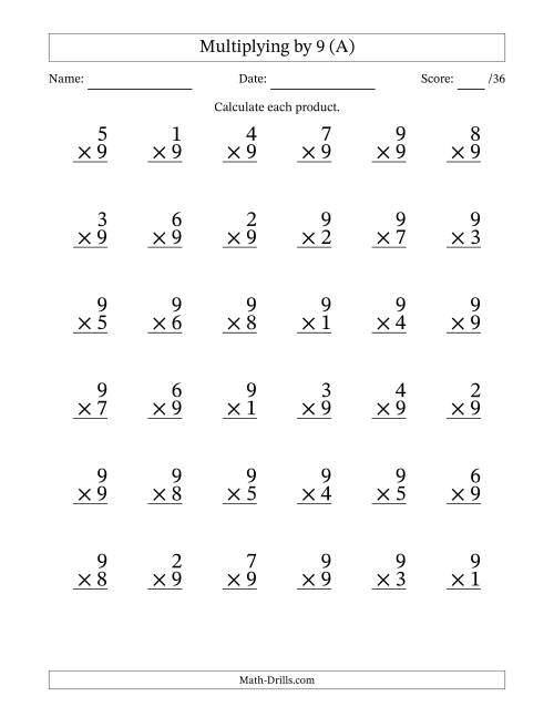 Third grade math worksheet showing multiplication problems with the number nine for students to practice their times tables