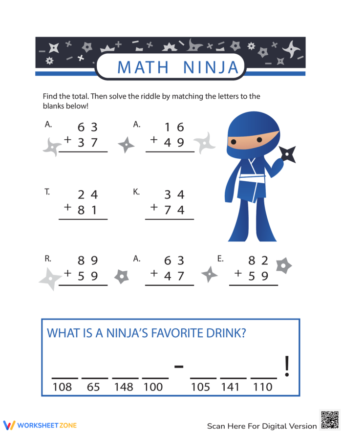 Ninja Word Problems Worksheet 15: Times Tables Practice for Young Mathematicians Fourth grade student solving ninja-themed multiplication word problems on a math worksheet