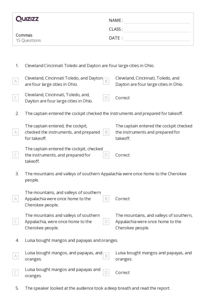 Sixth grade grammar worksheet showing sentences with restrictive and nonrestrictive clauses for comma practice