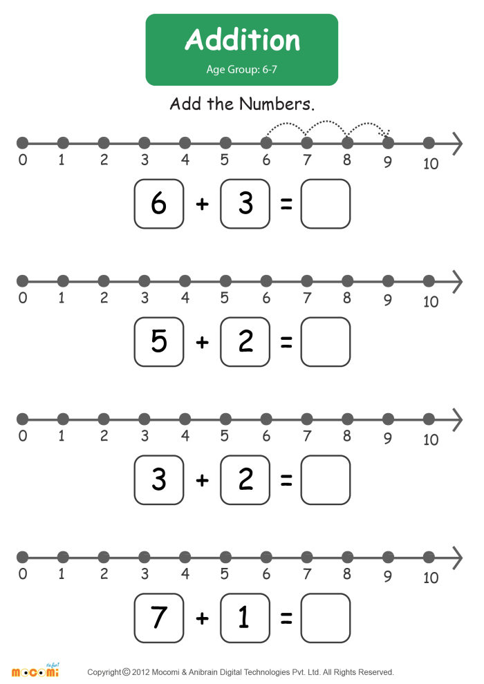 First grade student using a number line to solve addition problems by skipping and counting forward