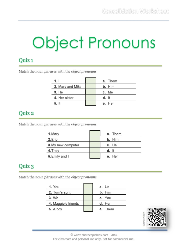 Third grade grammar worksheet showing object pronoun practice exercises for replacing nouns with pronouns like him, her, it, and them