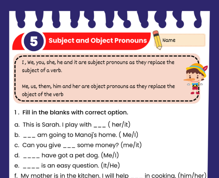 Third grade grammar worksheet focusing on identifying and replacing object pronouns in sentences