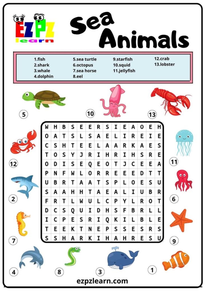 Habitats Word Search Ocean Animals Worksheet for Grade 3 Life Science Activity 17 Third grade students searching for ocean animal words including blue whale, squid, and shark in a word search puzzle grid
