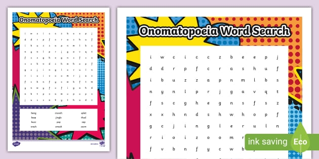 Fifth grade students solving an onomatopoeia word search puzzle with comic book sound words hidden in a grid