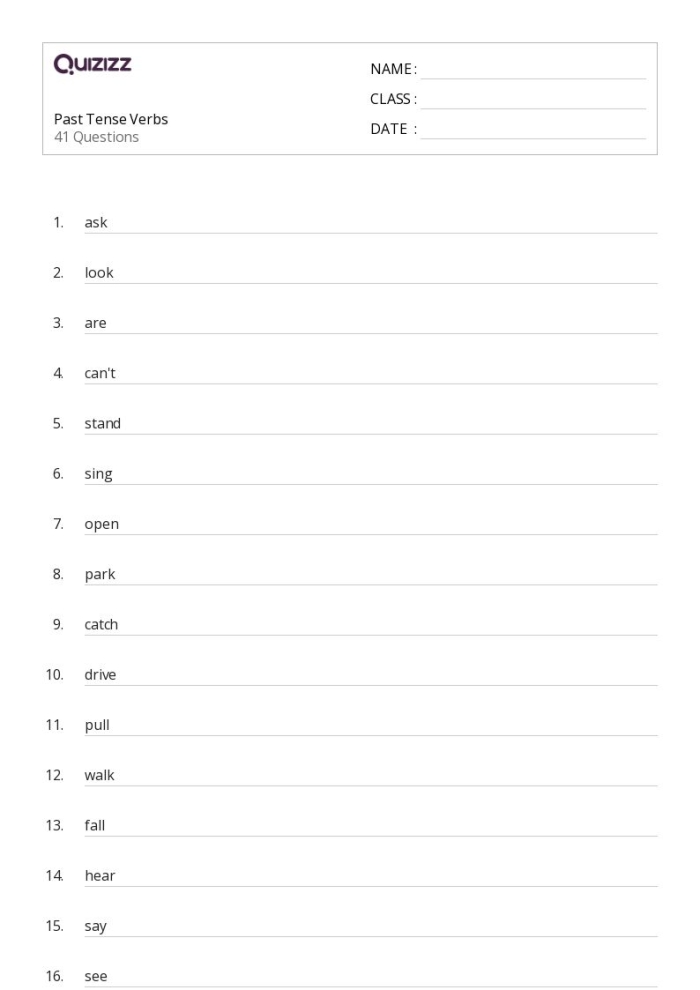 Third grade student completing a past tense verbs worksheet with fill in the blank grammar exercises