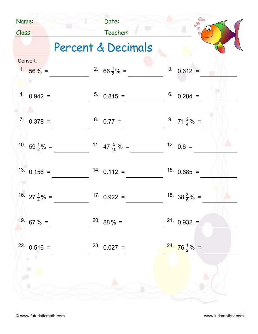 Converting Percents to Decimals Worksheet Number 4 Fifth grade math worksheet focused on converting percents to decimals