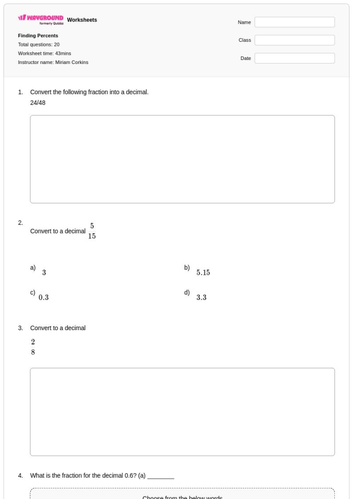 A colorful sixth grade math worksheet exploring the relationship between percents, fractions, and decimals