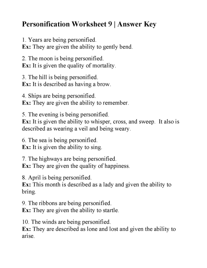 Personification Practice Activity for Middle School Writers Lesson 14 Sixth grade student worksheet page showing personification examples with sentences being rewritten to include descriptive human qualities assigned to objects and nature