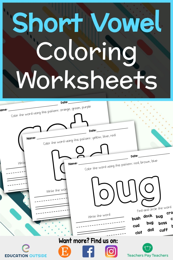 First grade students color pictures by short vowel sounds to practice phonics and letter recognition