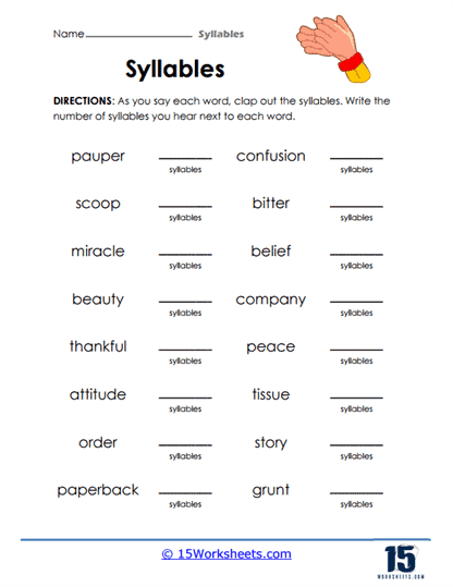 Syllables Clap Count and Write Worksheet 19 Pre-K worksheet showing children how to clap and count syllables for phonics practice