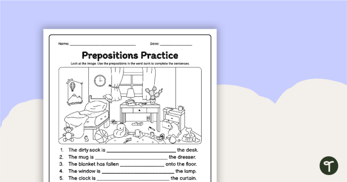 Preposition Practice Worksheet 23 - Finding Pets and Learning Where They Are First grade student completing a preposition practice worksheet with pet illustrations to identify location words