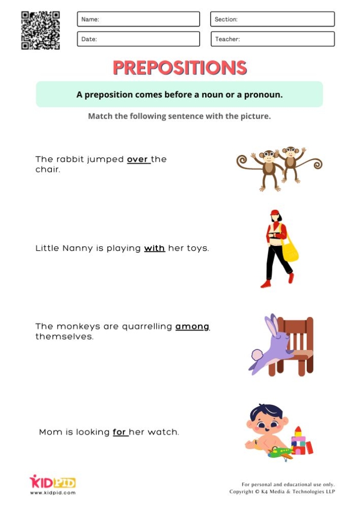 Fifth grade grammar worksheet showing exercises for identifying prepositions and their objects in sentences