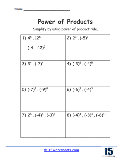 Eighth grade math student solving algebraic equations on a Product of Powers worksheet
