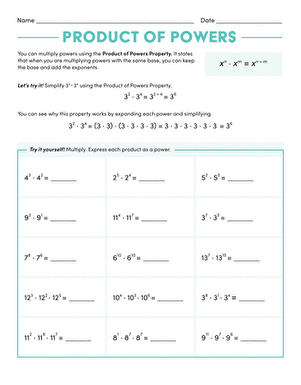 Eighth grade math worksheet focusing on the Product of Powers rule