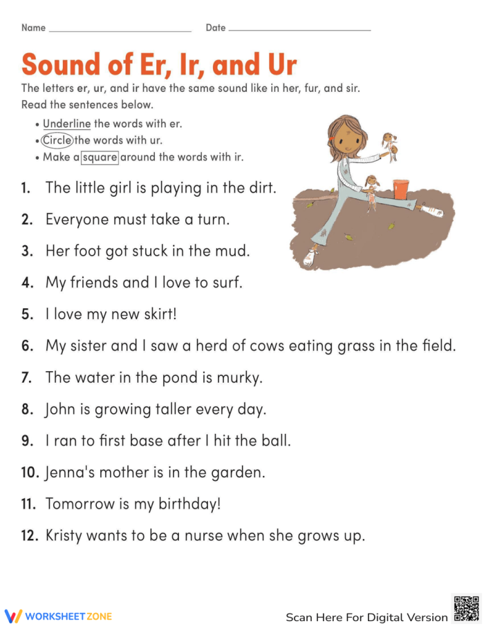 First grade phonics worksheet for practicing Er, Ir, and Ur r-controlled vowels in sentences
