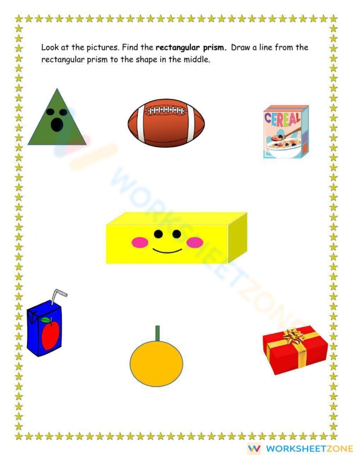 Kindergarten student worksheet featuring a printable rectangular prism shape for cutting and folding activities