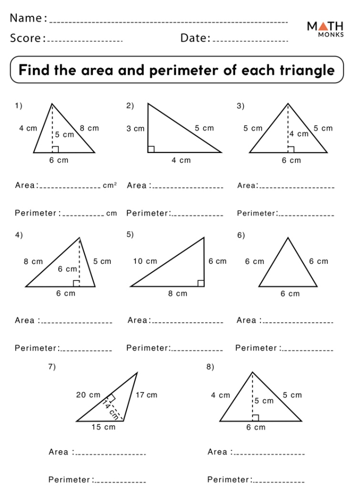 Right Triangles Practice Finding Area Worksheet for Sixth Grade Students Sixth grade math worksheet showing examples and problems for calculating the area of right triangles