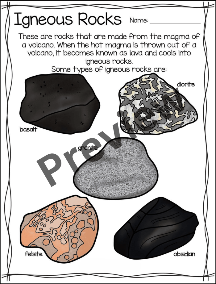 Second grade geology worksheet illustrating the three major types of rocks for young students