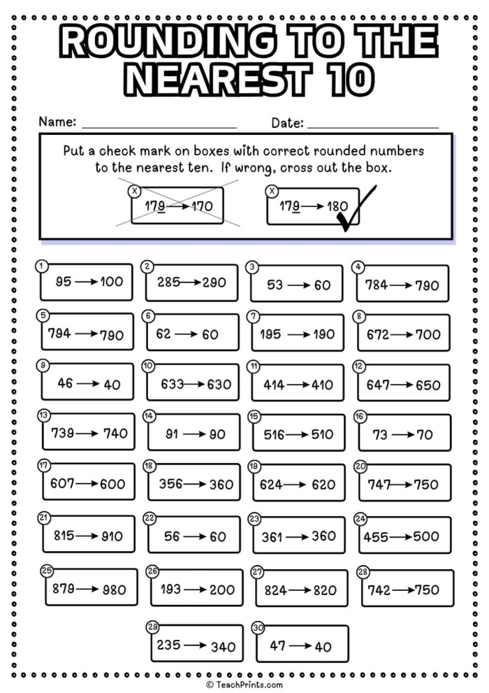 Rounding to the Nearest 10 Third Grade Math Worksheet 1 Third grade math worksheet featuring practice problems for rounding numbers to the nearest ten