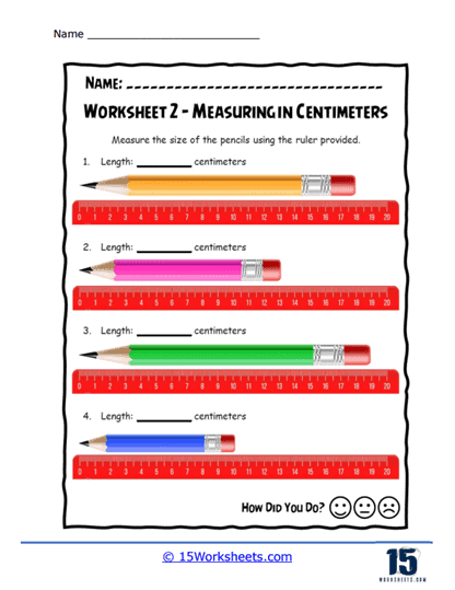 First grade student using a mini ruler to measure a pencil in centimeters on a worksheet