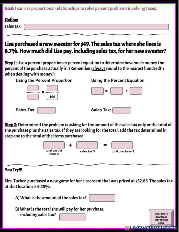 Math practice worksheet showing how to calculate final prices by adding sales tax to kids' items Sixth grade student working through sales tax calculation problems on a worksheet with colorful product illustrations