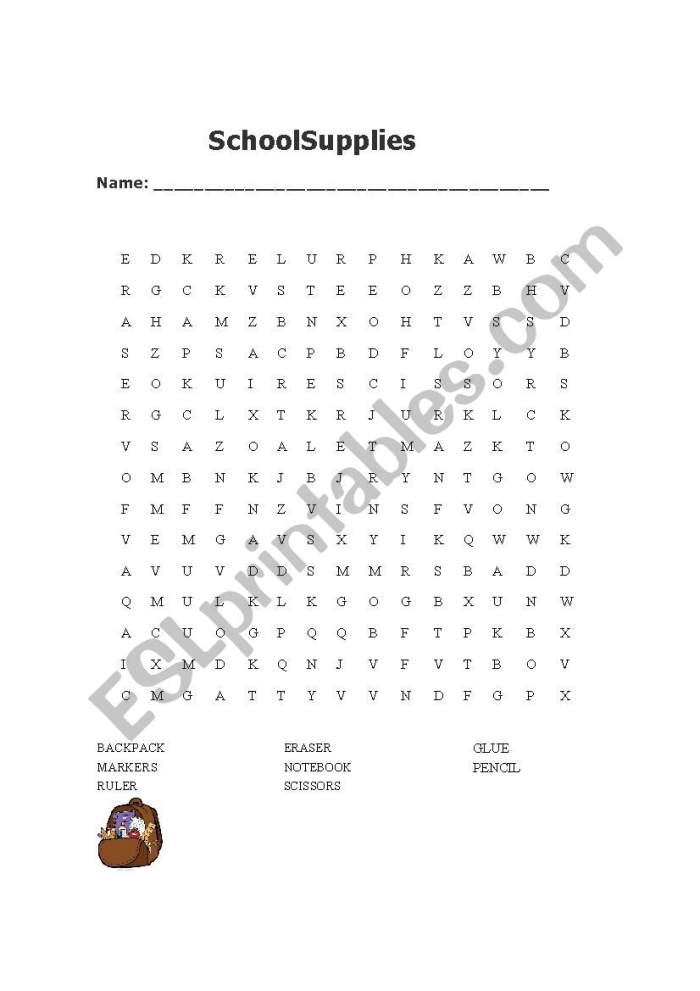 Second grade students searching for school supplies vocabulary words in a word search grid puzzle activity
