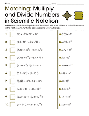 Eighth grade math worksheet showing step-by-step examples of multiplying and dividing numbers written in scientific notation format