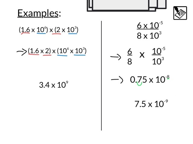 Practice problems demonstrating operations with numbers written in scientific notation form Eighth-grade student solving scientific notation multiplication and division problems on a math worksheet
