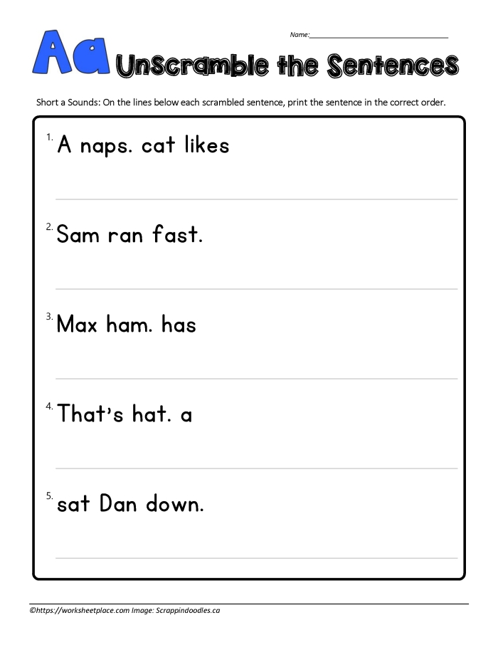 Second grade phonics printable featuring a sentence scramble activity to improve writing structure