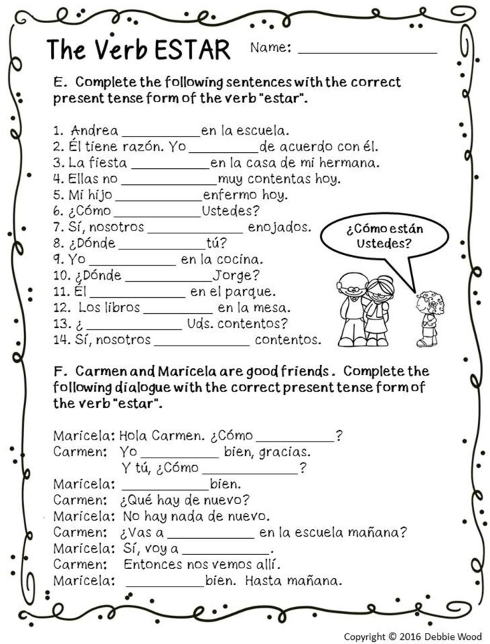 Fourth grade worksheet featuring practice exercises to distinguish between the Spanish verbs ser and estar