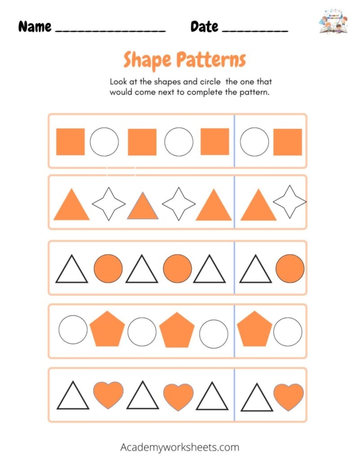 First grade shape patterns worksheet showing circles and squares in a repeating sequence for students to identify what comes next