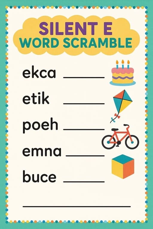 First grade student working on a silent E scramble phonics worksheet with picture clues