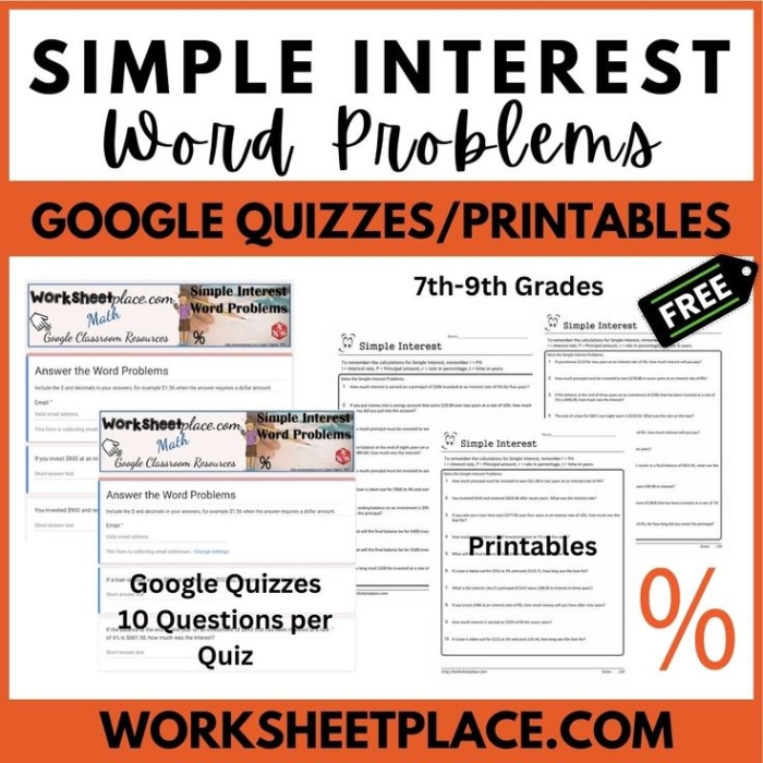 Seventh grade math worksheet featuring simple interest word problems for data and graphing practice