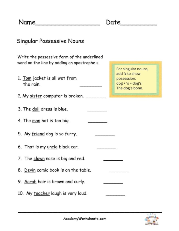 Second grade grammar worksheet focusing on forming singular possessive nouns with apostrophes