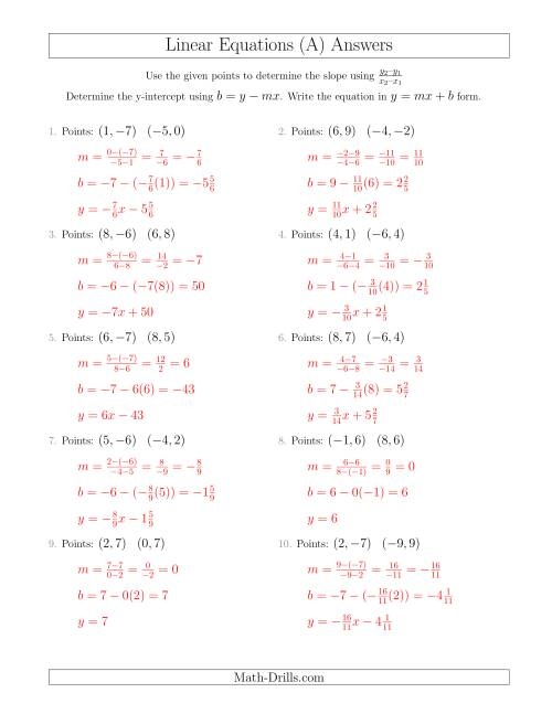 Write a Linear Equation From Two Points Worksheet for Grade 8 Algebra Practice 16 Eighth grade student solving linear equation problems by calculating slope and y-intercept from coordinate points on a worksheet