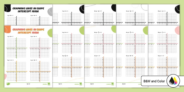 Eighth grade math worksheet showing linear equations on a coordinate plane for slope-intercept practice