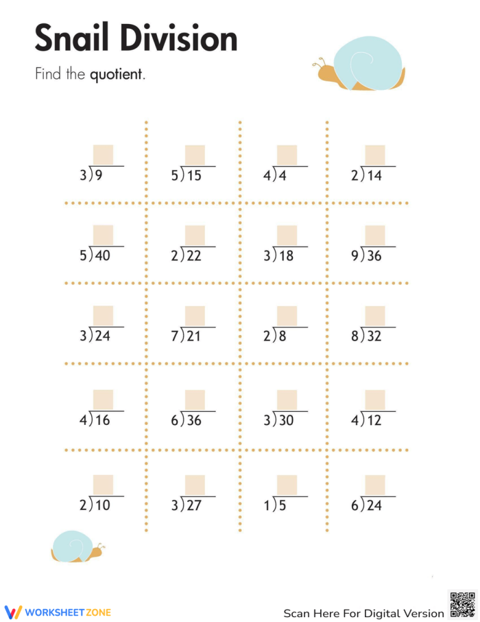 Snail themed division practice worksheet for third grade math students number eleven Third grade math worksheet featuring a friendly snail character to help students practice division problems